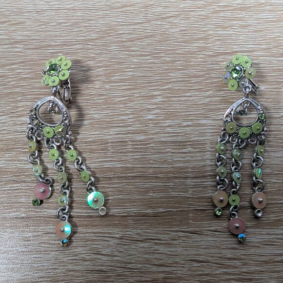 Vintage Silver-Tone Clip-On Dangle Earrings Green & Pink Sequins Rhinestone - Picture 2 of 2